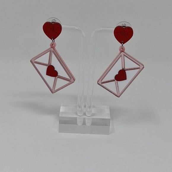Valentine's Day White with Red Heart Envelope Acrylic Drop Earrings - Picture 4 of 6